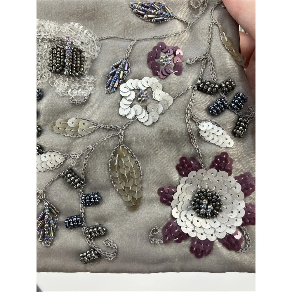 Vtg Elan Beaded Floral Mini‎ Purse Satin Gray Purple Kiss Lock Evening Bag Party